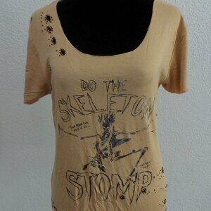 Beige women T-shirt with silver skeleton design, and beaded on holes, rare find